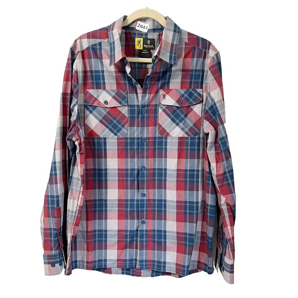 Browning Mens Red Blue Western Plaid Button Down Long Sleeve Shirt Large Pockets - Picture 1 of 9